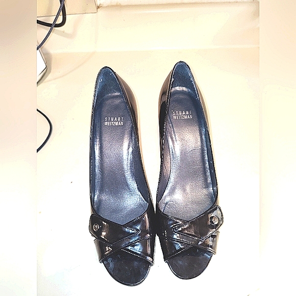 Stuart Weitzman Black Patent Leather Open Toe Heels Size 8 M - Picture 1 of 13